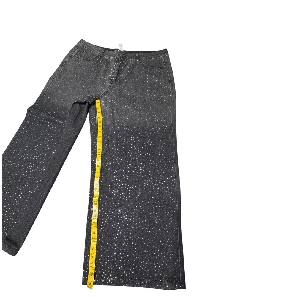 ANEWSTA Jeans Womens 1XL Rhinestone Denim Statemnt Black Wide Leg Festival Curve - Picture 6 of 12